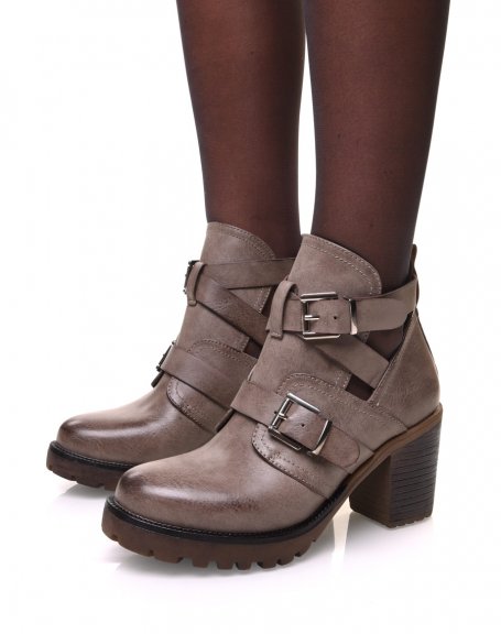 Bottines ajoures taupes  sangles multiples