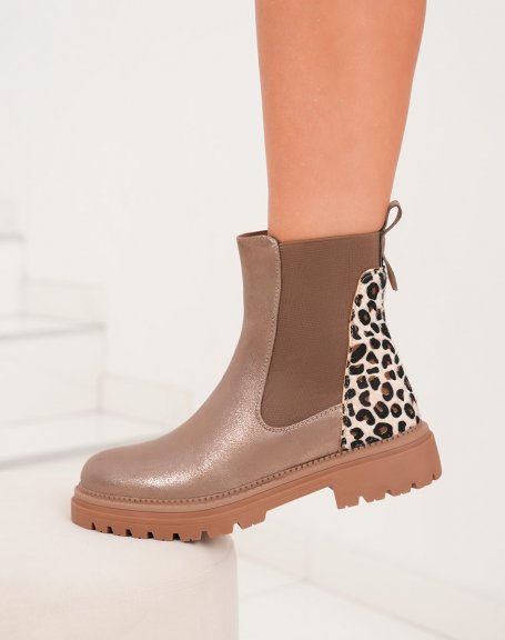 Bottines femme taupe avec empicement lopard et semelle crante