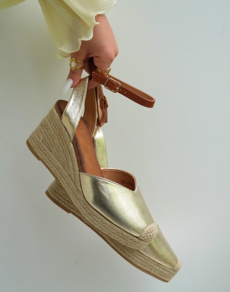 Espadrilles compenses femme dores avec lanire ajustable camel