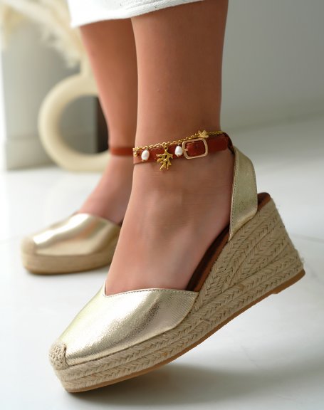 Espadrilles compenses femme dores avec lanire ajustable camel