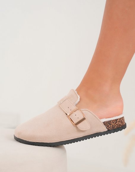 Mules femme beiges en sudine fourre avec boucle dore