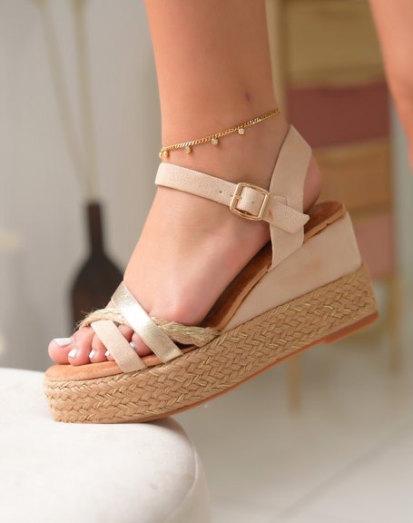 Sandales Femme Compenses en Sudine Beige et Lanires Dores Graines