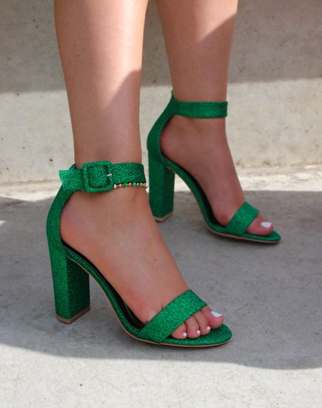 Sandales vertes pailletées à talon épais
