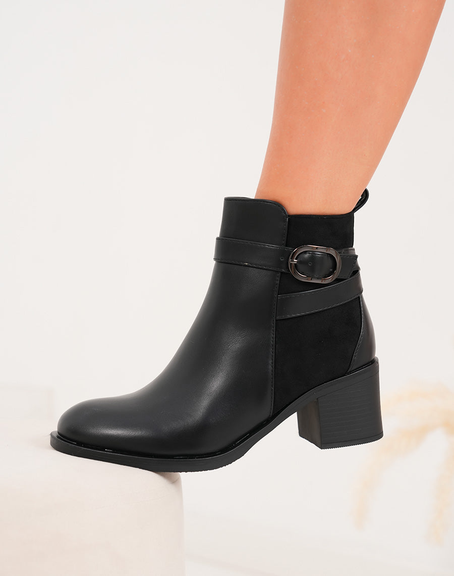 Bottines femme noires bi-matières à talon carré et boucle anthracite