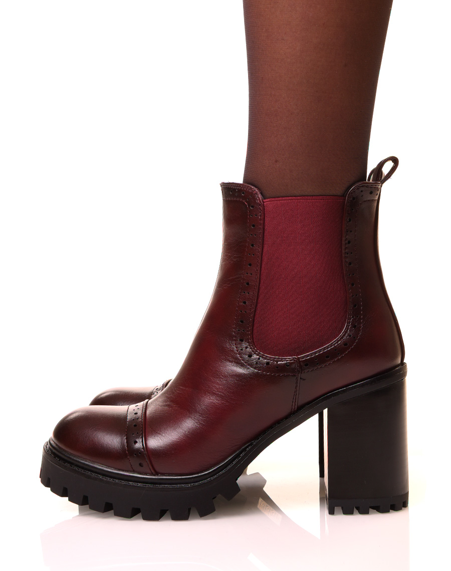 Chaussures femme : Bottines marrons à talons carrés et à semelles crantées