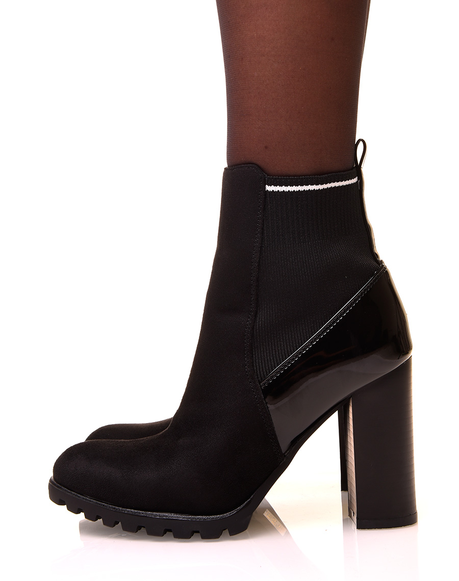 Chaussures femme : Bottines noires à talons bi-matières à effet chaussette