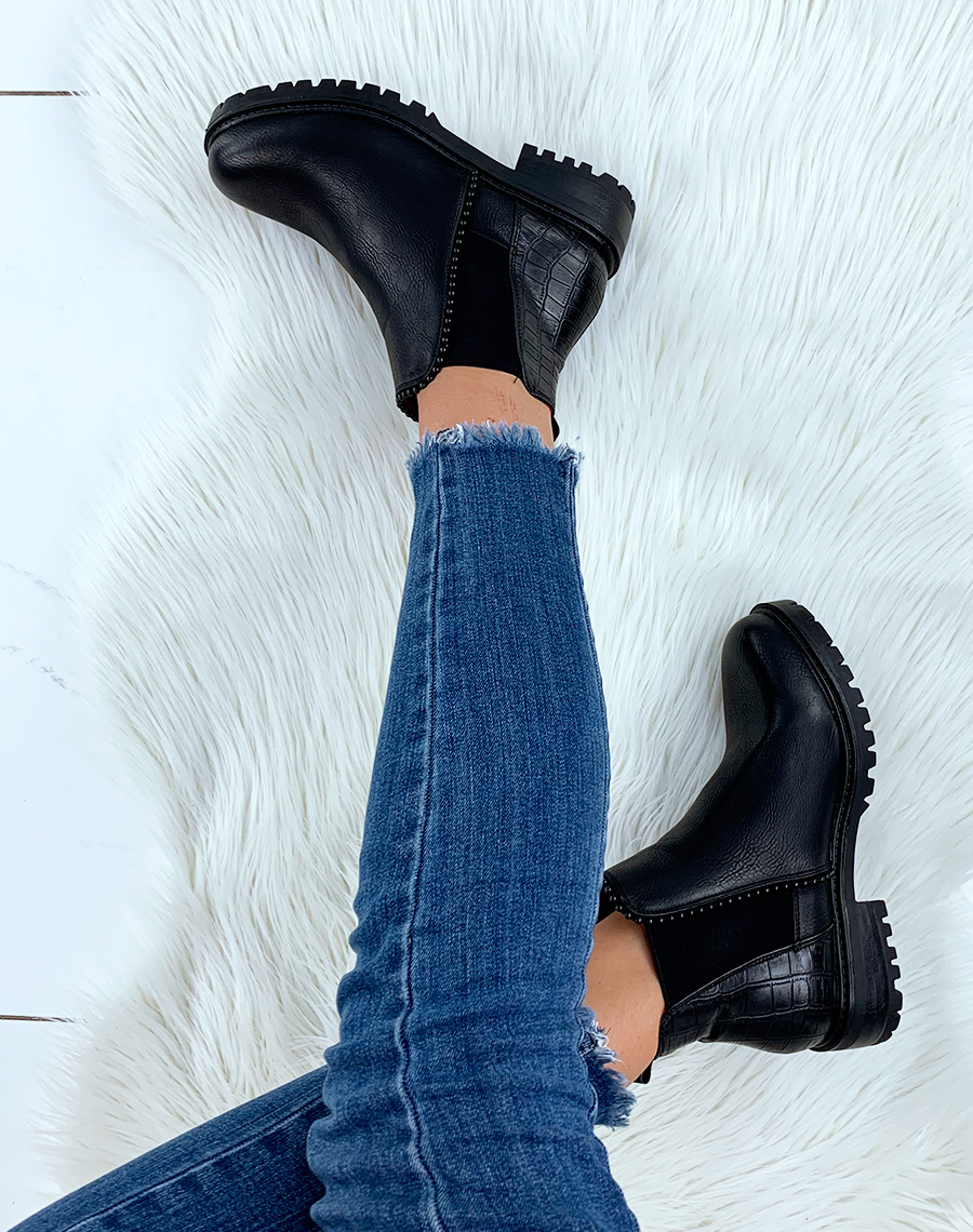 Chaussures femme : Bottines noires bi-matières avec élastique