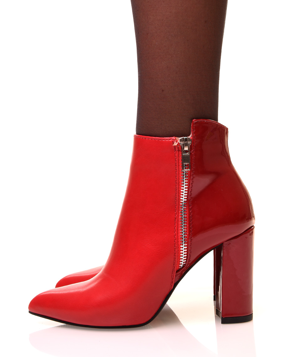 Chaussure femme : Bottines rouges à talons bi matières effet verni