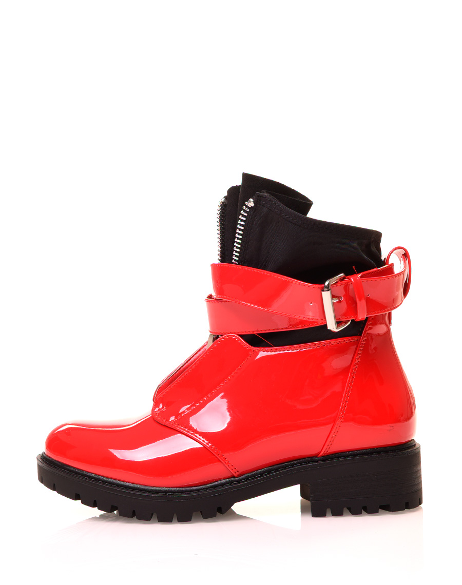 Chaussures femme : Bottines rouges vernies à zip effet chaussette