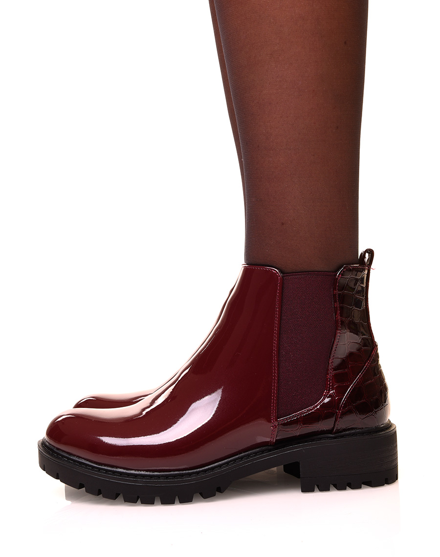 Chaussures femme : Chelsea boots bordeaux bi-matières effet croco