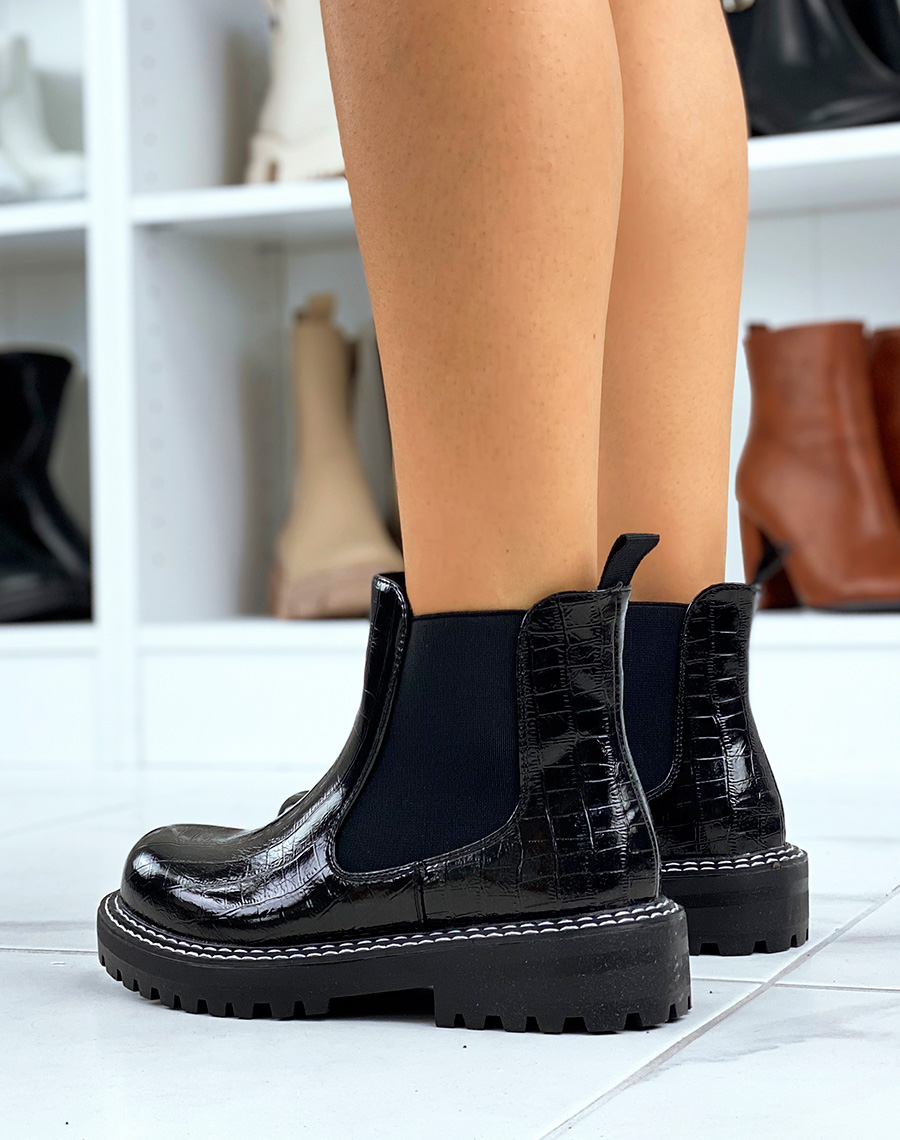 Chelsea boots effet croco noir à grosse plateforme