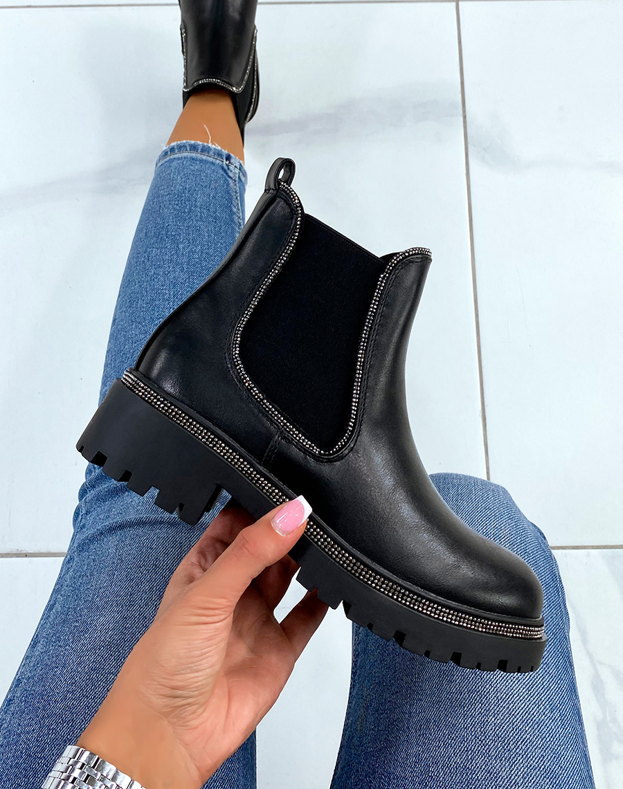Chelsea boots noires à liserés à strass argentés