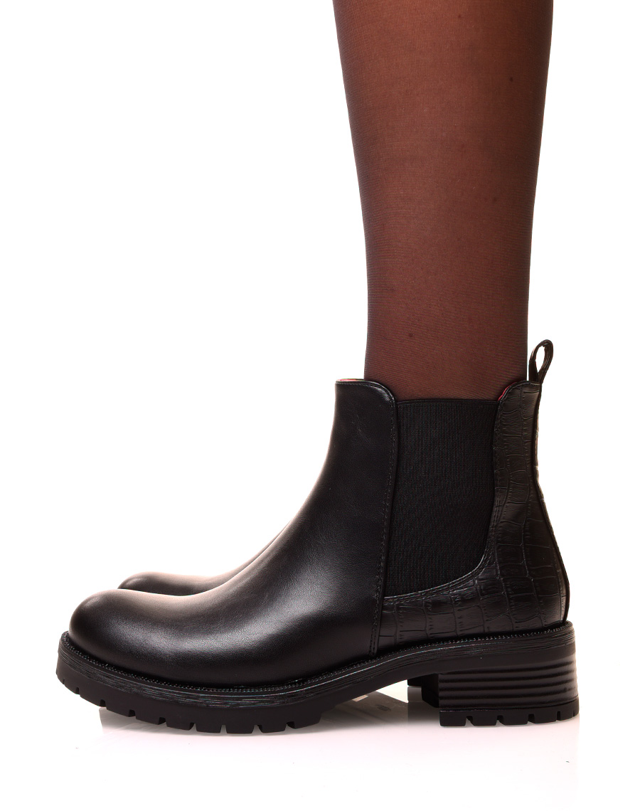 Chaussures femme : Chelsea boots noires avec élastique bi-matières