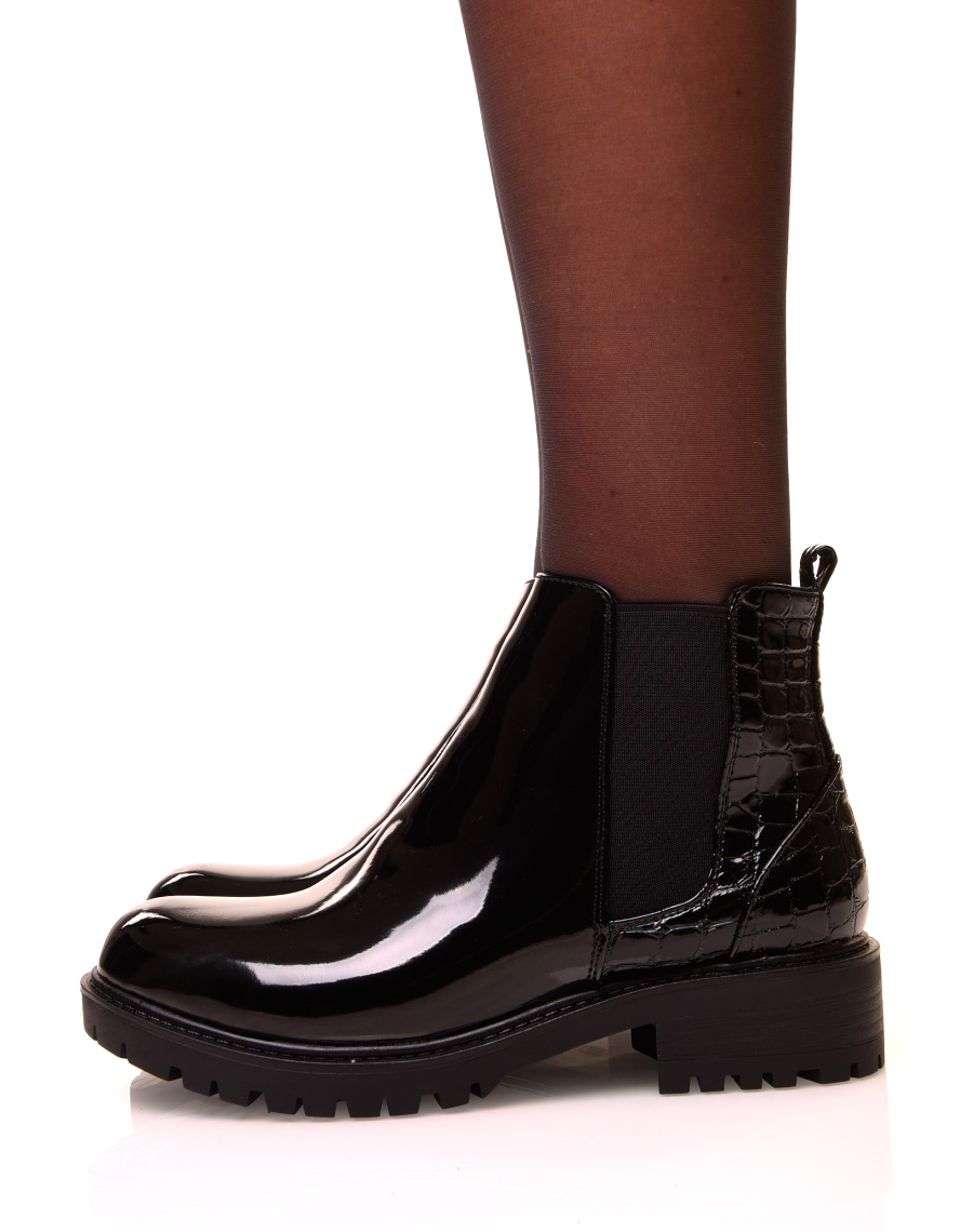 Chaussure femme : Chelsea boots noires bi-matières effet croco