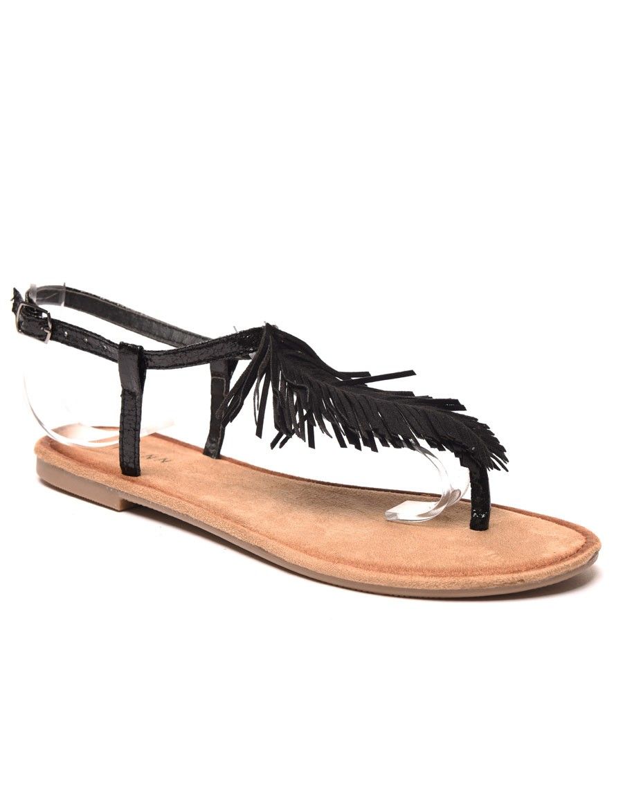 Chaussures femme : Nu-pieds noir avec franges