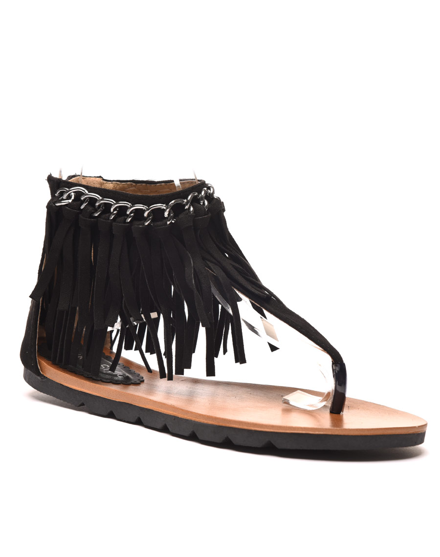 Sandale plate noire avec chaine et frange pas cher