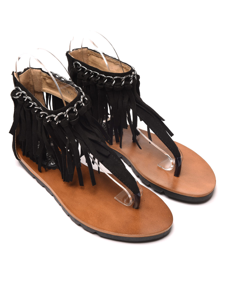 Sandale plate noire avec chaine et frange pas cher