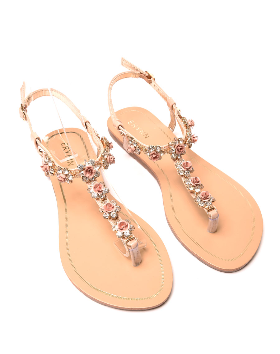 Sandale rose avec des perles en fleurs pas cher