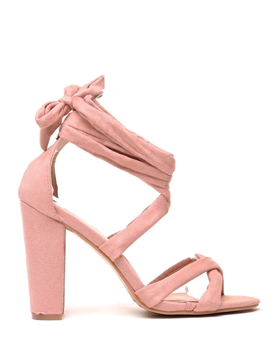 Sandales lacées rose à talons en suédine