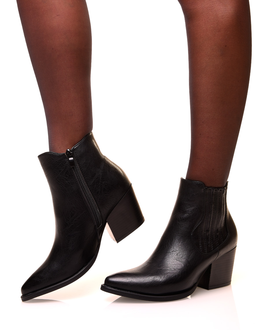 Chaussures femme : Santiags noires à talon biseauté avec coutures  décoratives